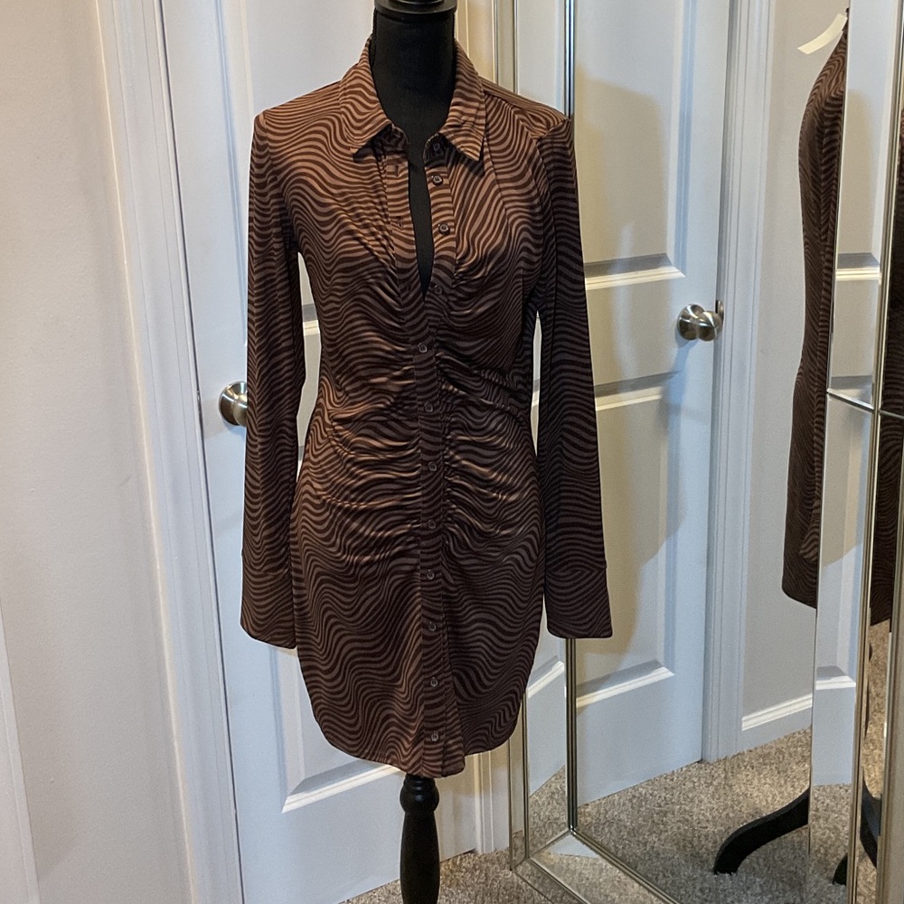 Divided Brown Patterned Long Sleeve Dress